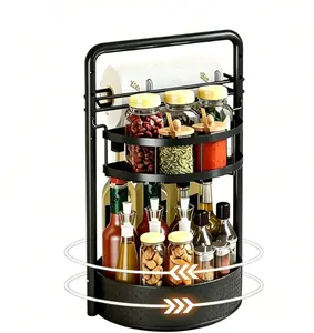 2 Tier 360° Rotating Lazy Susan Spice Rack Organizer with Paper Towel Holder, Countertop Seasoning Condiment Bottle Storage Carousel, Space Saving Kitchen Spice Holder for Oil Sauce Salt Pepper Jars