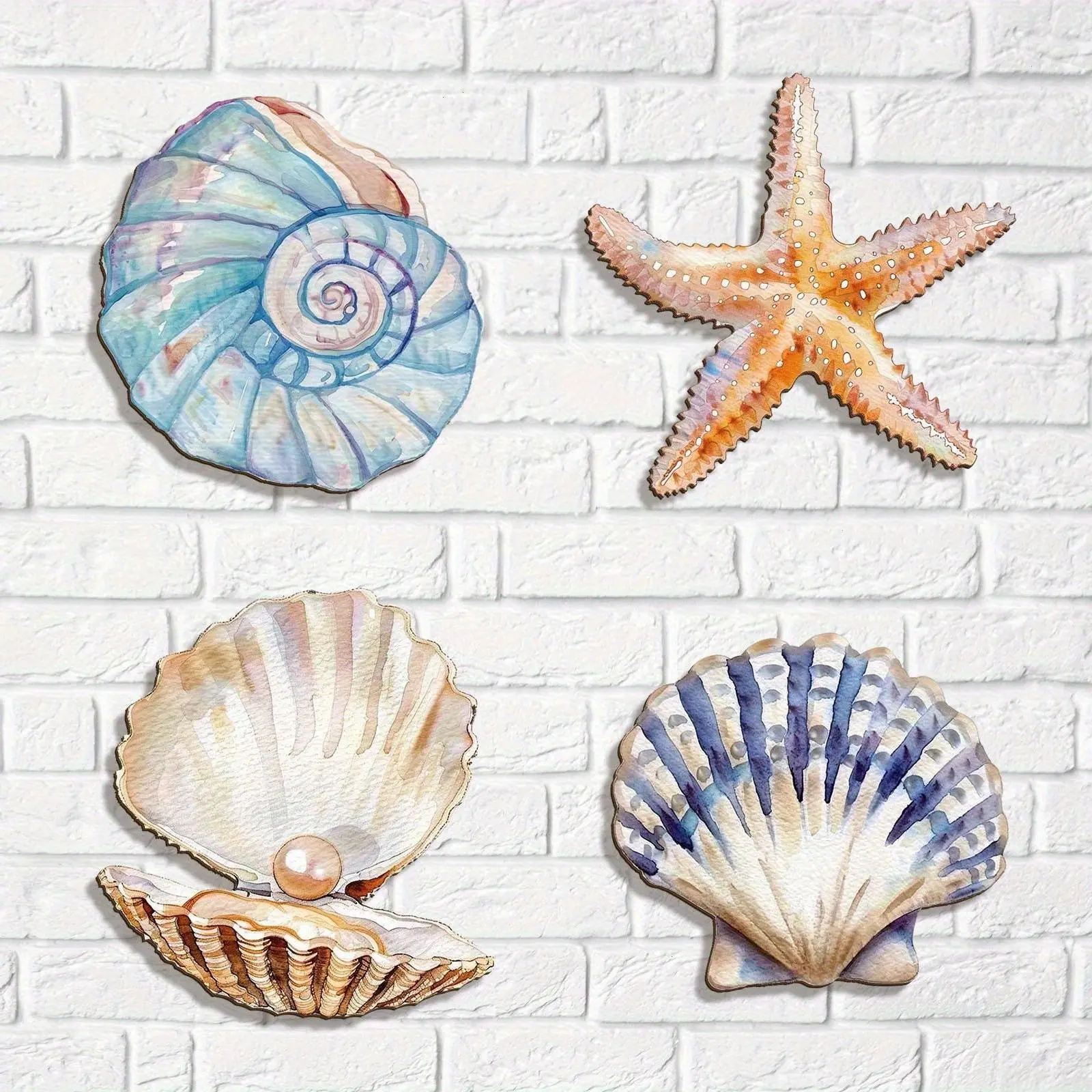 4-Piece Vintage Wooden Shell Starfish Wall Decor, Wood Wall Art, Self-Adhesive Ocean Theme, Ocean Inspired Design, Bathroom & Outdoor Decoration, Coastal Home Aesthetic