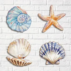 4-Piece Vintage Wooden Shell Starfish Wall Decor, Self-Adhesive Ocean Theme, Bathroom & Outdoor Decoration, Coastal Home Aesthetic