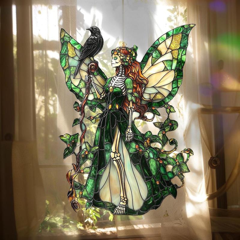 Gothic Skeleton Fairy Acrylic Suncatcher Green Raven Witch Faux Stained Glass Halloween Gift for Witchy Decor & Dark Academia Style