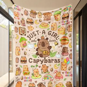 Cute Capybara Food Themed Throw Blanket, Soft Flannel Material, Perfect Gift, Suitable for Sofa, Air Conditioning, Outdoor Camping, Winter Picnic
