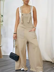 Chic Motionkiller Tied Wide-Leg Overalls for Women - Sleeveless Fitted Jumpsuit with Pockets & Straps - Casual Minimalist Style - Polyester Blend
