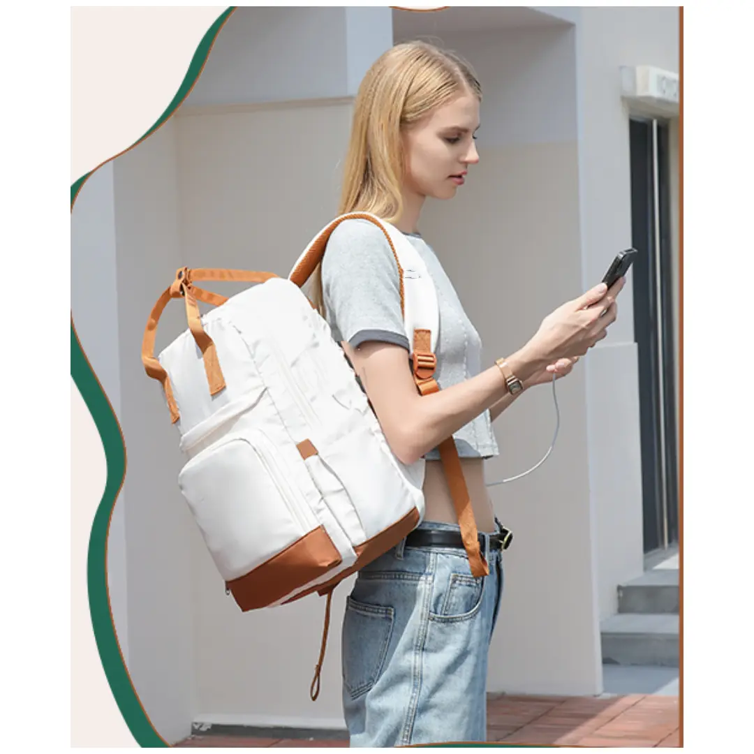 Women's Preppy Unisex High-Capacity Multi-Compartment Backpack, Contrasting Faux Leather & Polyester, Waterproof, Hangable, 16.5" Laptop Fit, 16.53x11.41x6.69in, Double Top Handles for Daily Commute