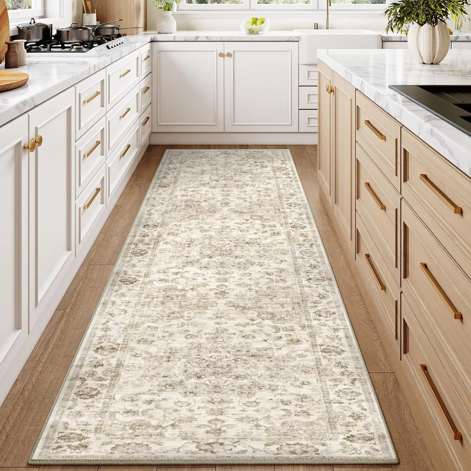 'x Washable Neutral Runner Rug Beige intage Hallway Kitchen Carpet Non-lip oft Low Pile Farmhouse Throw Rug for Bedroom Bathroom Laundry Living Room