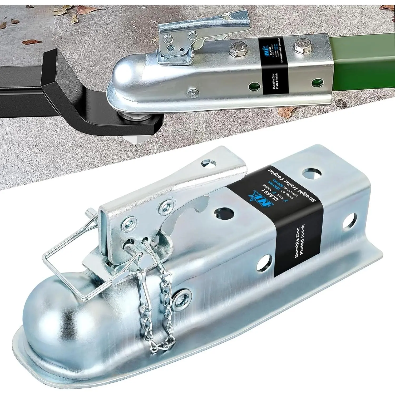 Nilight Heavy Duty Straight Die-Cut Steel Trailer Coupler - 2-in Wide Hitch Ball/Channel, 3500 lbs Cap., Zinc Finish, Corrosion Resistance, Security Latch & Chain, Easy Lock, Bolted/Welded Install, Straight Shape, Universal & Metal Boat Haulers