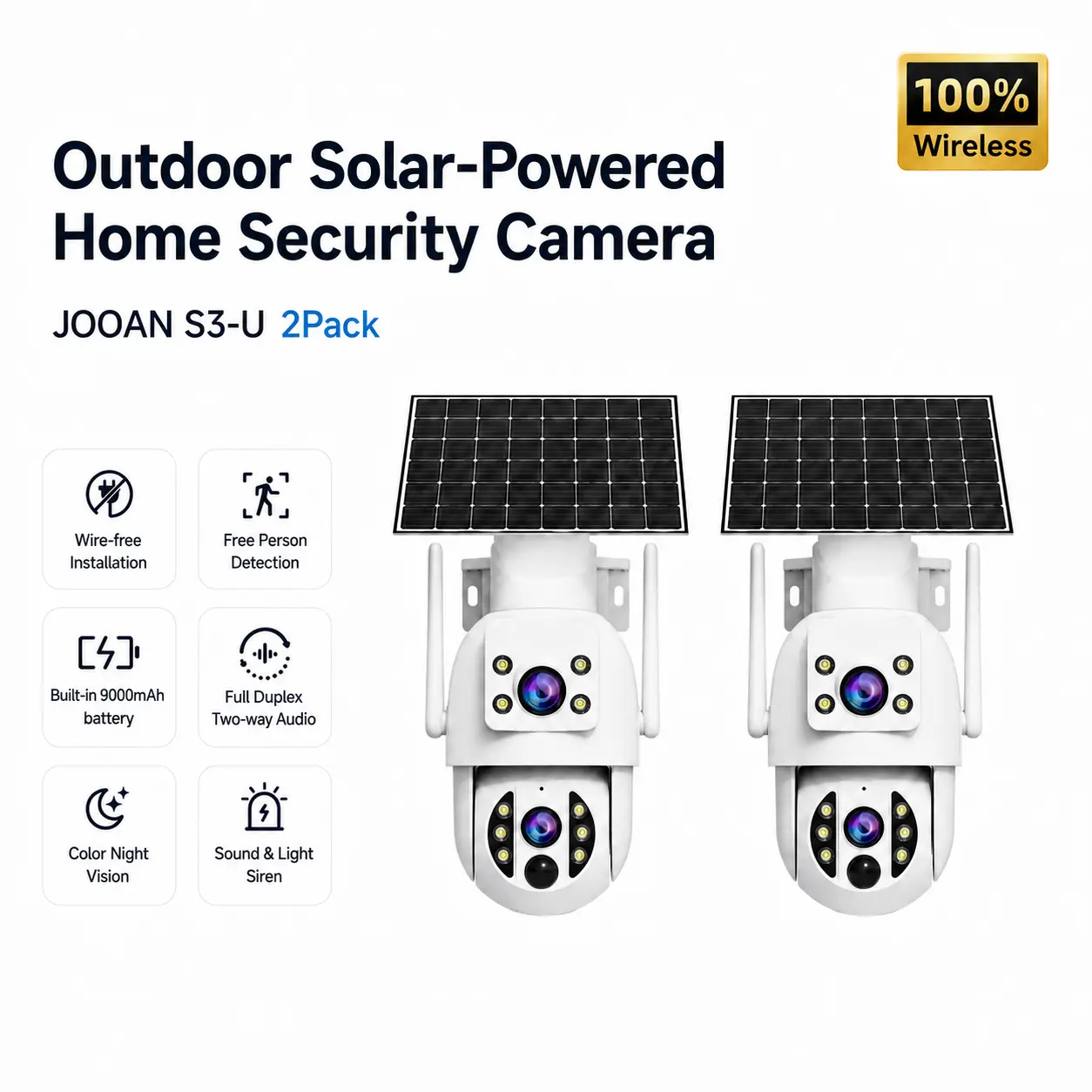 2PCS JOOAN Solar Security Camera Outdoor Wireless, 2K WiFi Surveillance Camera with 9000mAh Battery, 330° Pan 90° Tilt, Auto Tracking, Night Vision, Motion & Person Detection