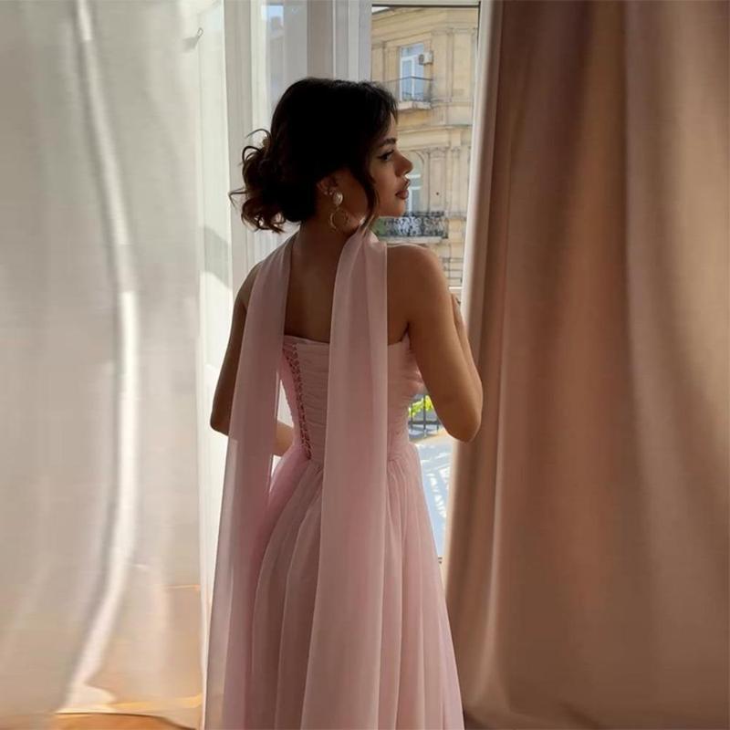 Long Tulle Dress in Pastel Pink with Chest Pleats and Lace-up Back