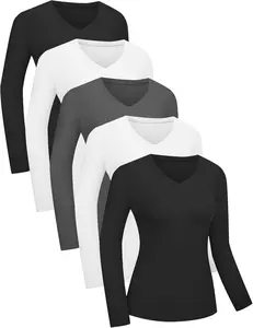 5 Pack Womens Basic Long Sleeve V Neck Shirts Slim Fitted Tight T Shirts Underscrubs Fall Casual Going Out Tops