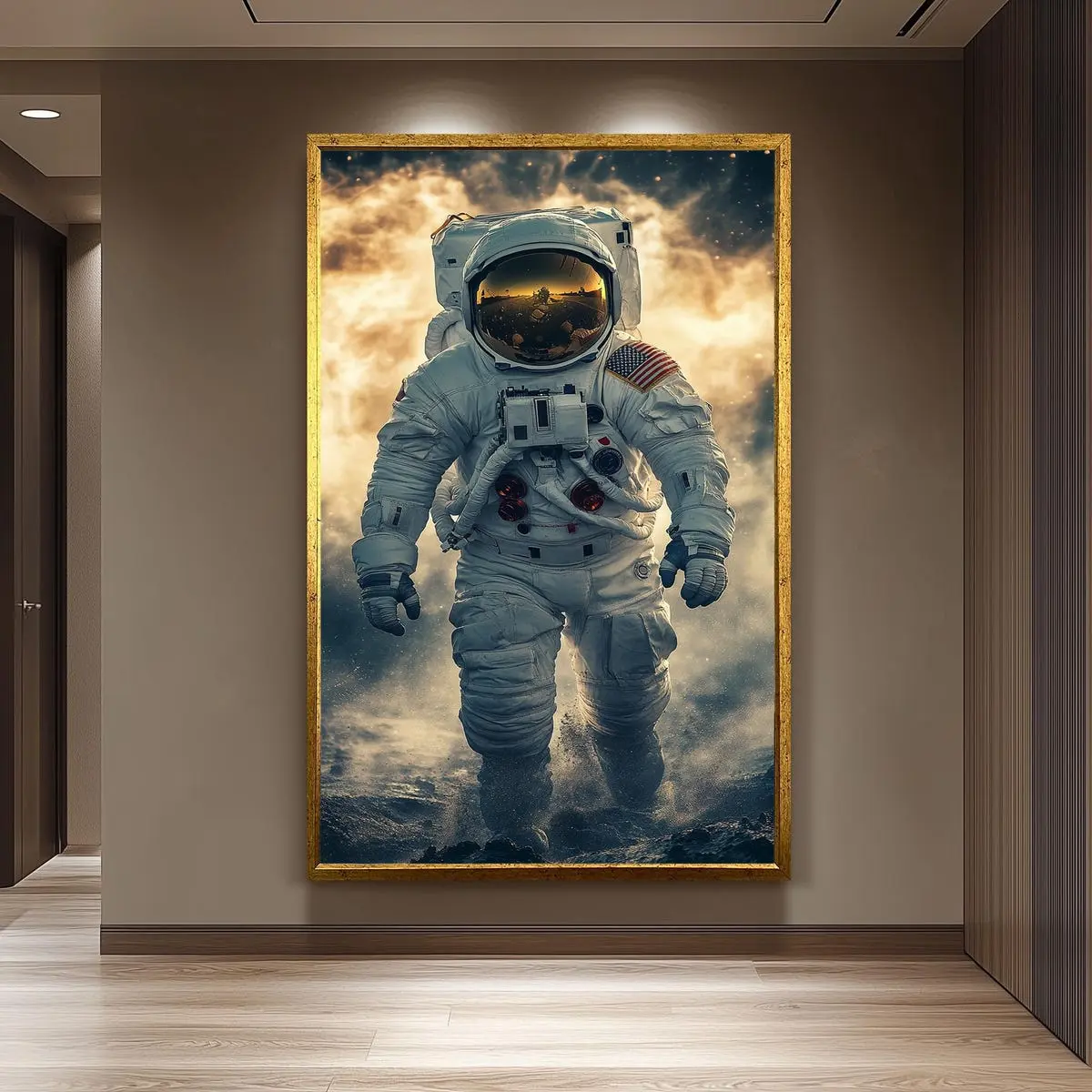Epic Astronaut Moon Walk Wall Art in Realistic Sci-Fi Style with Space Dust and Helmet Reflection for Space Exploration Lovers Astronaut Art, Unframed