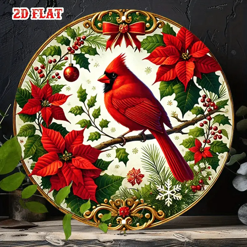 Vintage Red Cardinal and Poinsettia 2D Flat Wall Art for Rustic Christmas Decor Easy Hang Metal Sign