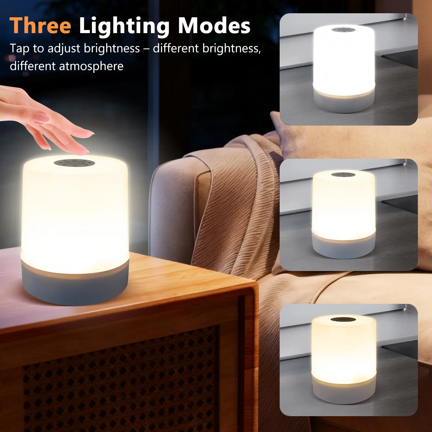 Touch-controlled 3-tone dimmable lamp, USB-rechargeable, with adjustable light color and brightness; a portable touch-activated night light—perfect for bedside tables, vanity desks, outdoor use, or children’s rooms.