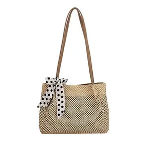 Beach Bag Rubber Tote Large Straw Female Tote Handbag Lady's Shoulder Large Bags Women's Casual Beach Tote with Ribbon Nylon Crossbody Bags for Women Medium Size