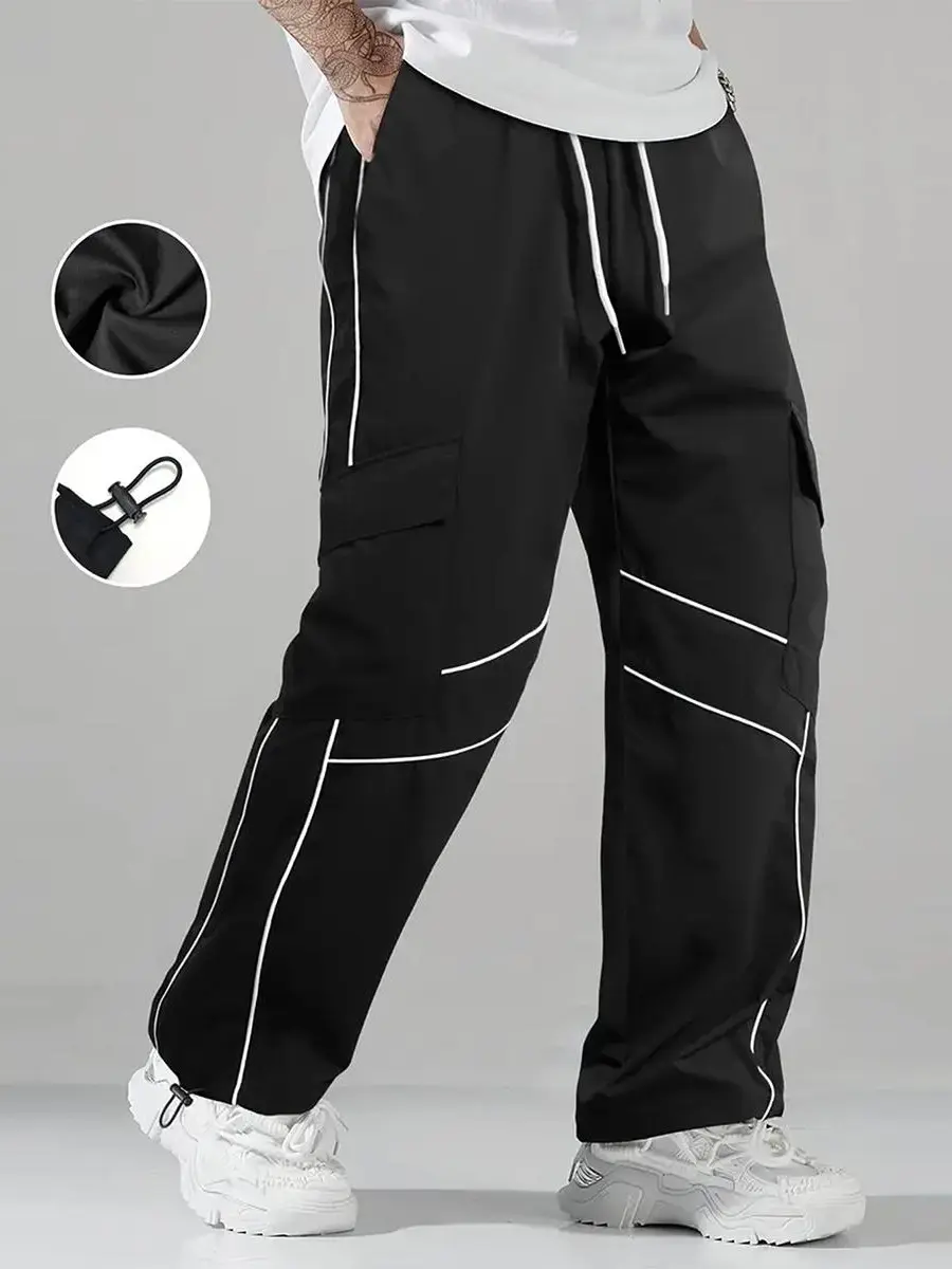 Men's Reflective Striped Cargo Wide-Leg Jogger Pants - Drawstring Elastic Waist, Multi-Pocket Loose Techwear Trousers with Adjustable Cuffs, Casual Fashion Menswear for Daily, Sport Use, Activewear, Fabric