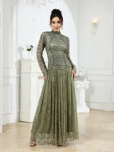 Women's Sheer Long Sleeve Maxi Dress, Floral Lace Embellished Elegant Evening Gown, Perfect for Wedding and Graduation, Festival Wear