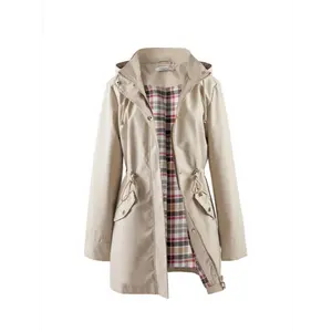 POLYDEER Women's Elegant Green Polyester Tops - Lightweight, Waterproof, Rainproof Fabric, Breathable Zip-Up Casual Jacket with Plaid Lining, Adjustable Waist Fit & 3 Pockets for Outdoor Use