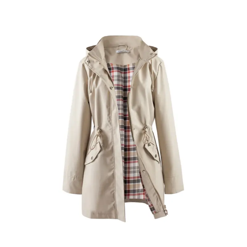 POLYDEER Women's Elegant Green Polyester Rainproof Jacket - Lightweight, Breathable Zip-Up Casual Top with Plaid Lining, Adjustable Waist Fit & 3 Pockets for Outdoor Sports Use, Coats, Rainy Days, Do Not Dry Clean, Drawstring, Fabric, Outerwear, Lady, Clo