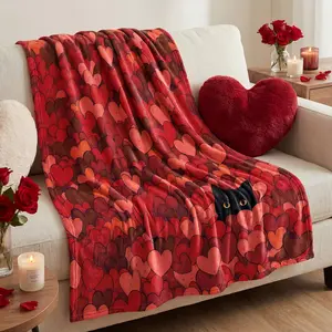 Love Hearts Cat Red Soft Fuzzy Plush Cozy Fleece Blankets for Couch Sofa Bed Lounging,Valentine Flannel Blanket Throw,  Ideal Gifts for Kids Adults Wife Self