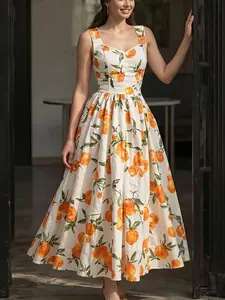 Summer Print Dress, Sleeveless Waist Cinch Design, Long A-Line Midi, Vintage Soft Style, Perfect for Office and Dates, Tall and Slimming