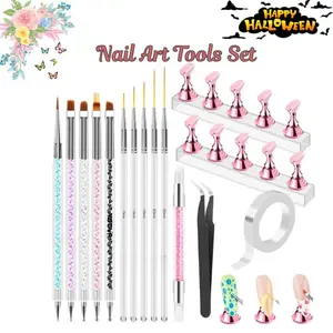 Nail Art Tools Set – Press-On Nail Holder, Nail Brushes & Dotting Tools Kit for Gel Polish, French Tips, Builder Gel & Liner Designs | DIY Nail Design Supplies for Salon & Home | Best Halloween Gift