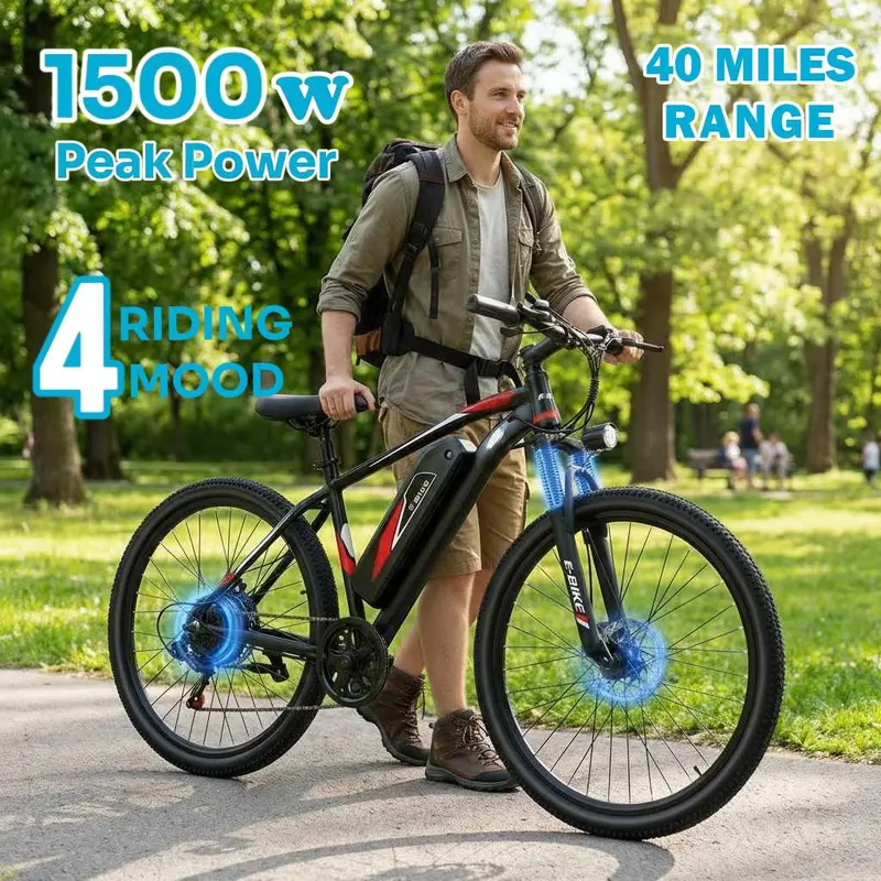26" Adult Electric Mountain Bike (Ebikes) - 1500W Motor, 28MPH Speed, 40-Mile Range, 7-Speed Gears, 4 Riding Modes, High-Carbon Steel, Easy Carry, Match Your Pace, UL Certified for Commuting & Adventure