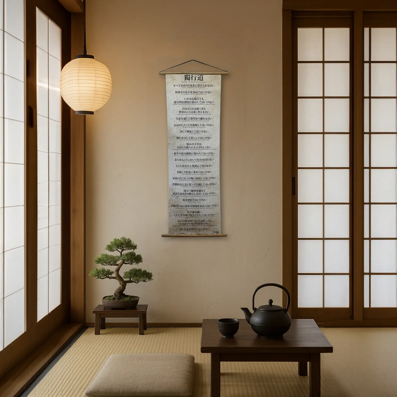 The Dokkodo Japanese Hanging Scroll Lone Warrior's Code by master Samurai Miyamoto Musashi Bamboo Decor Leather Hangable Martial Arts, Karate, Samurai, Ronin, The Path of Walking Alone