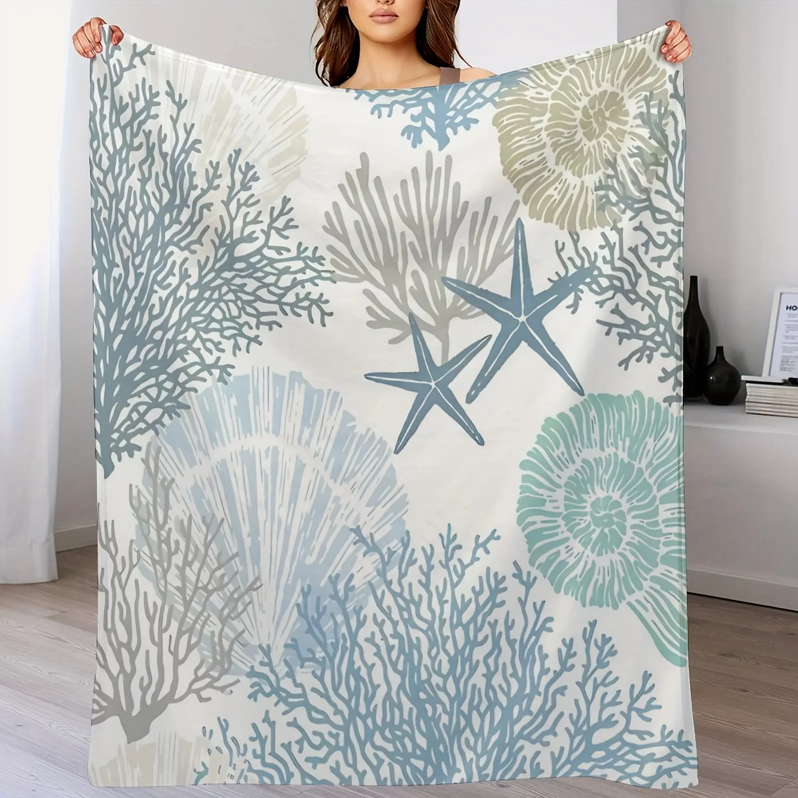 1pc Coastal Blanket, Beach Blanket, Ocean Nautical Coral Starfish Super Soft Decorative Comfortable Bed Blanket