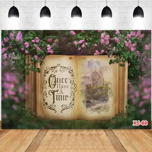 Photography Background Vintage Magic Book Our Hidden Time Castle Illustration Amidst Lush Pink Flowers Photo Studio Backdrop