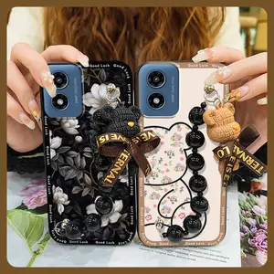 soft case silicone Phone Case For MOTO G Play 2024/4G/5G cute protective case Simplicity phone case Black pearl pendant Bear bracelet Back Cover Cartoon Dirt-resistant Waterproof