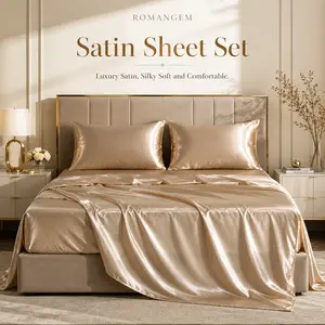 ROMANGEM 4 Piece Champagne Beige Satin Sheet Set, Silky Soft Microfiber Bedding, Deep Pocket Fitted Sheet, Flat Sheet & 2 Pillowcases, Luxury Hotel Style Bed Sheets Split King Cooling