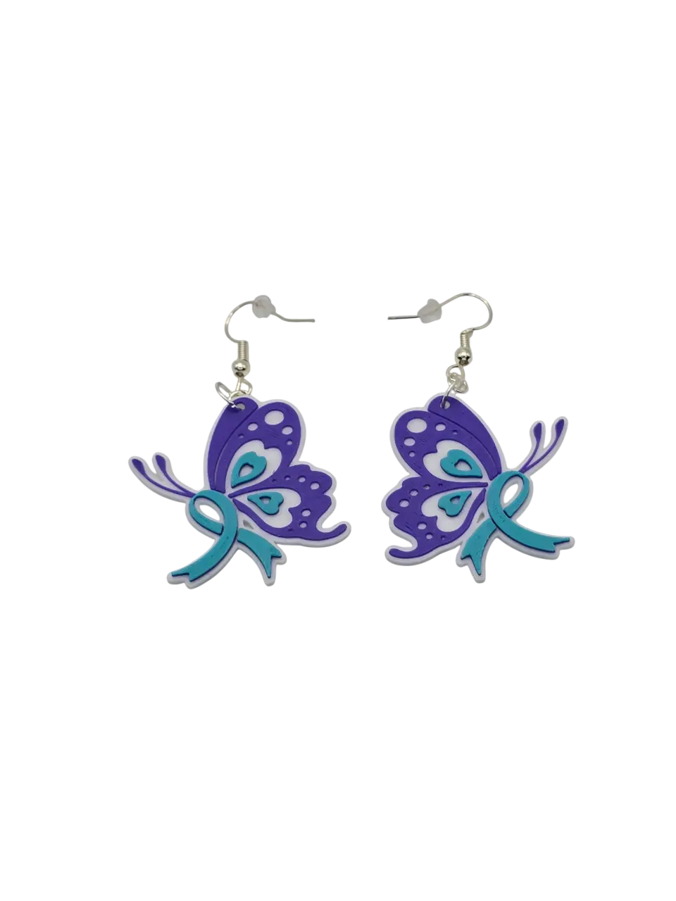 Purple & Teal Pretty Butterfly Ribbon Earrings 3D Printed Hypoallergenic Nickel-Free Hooks for Suicide Prevention & Sexual Assault Support