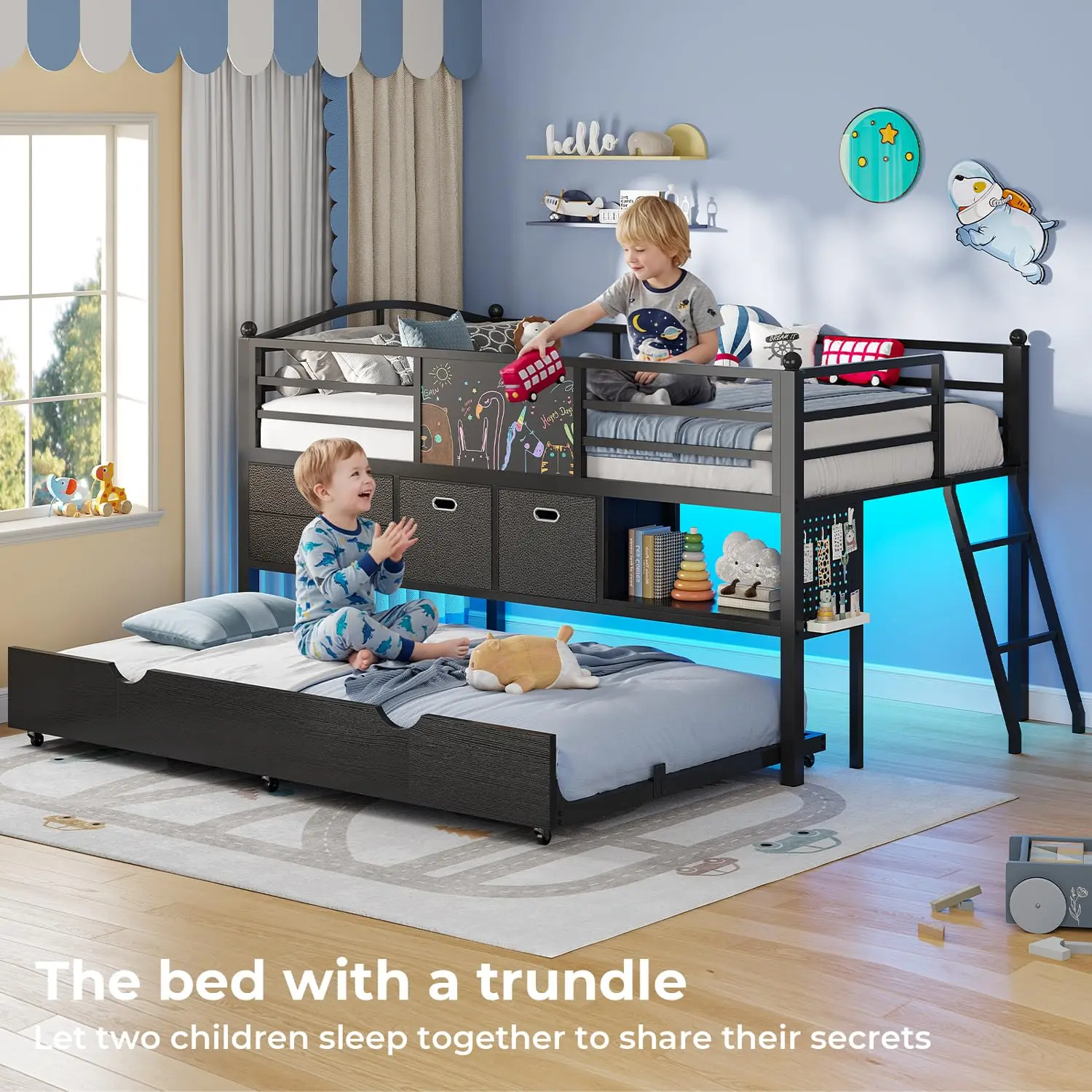 SIKAIC Twin Low Loft Bed with Trundle and 4 Storage Drawers, Metal Bed Frame with LED Lights, Pegboard and Guardrail