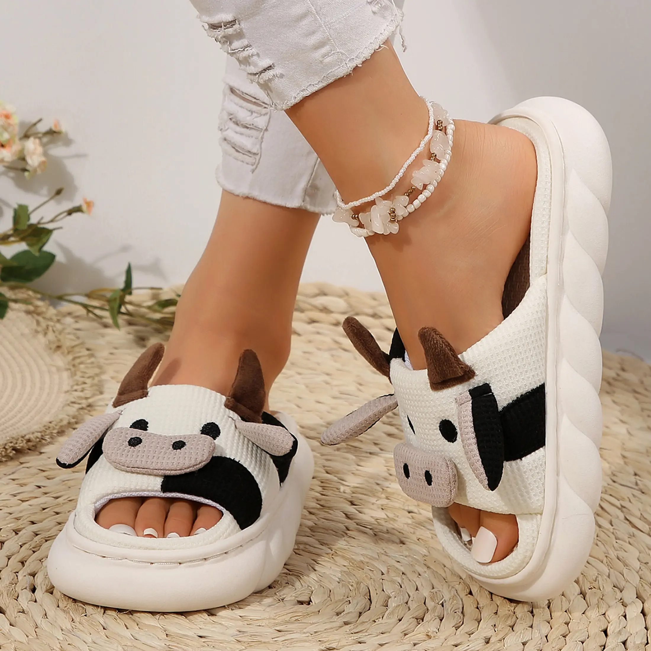 Cute Cow Slippers for Women Animal Cartoon House Slippers Soft Home Linen Slippers Shoes Indoor Outdoor