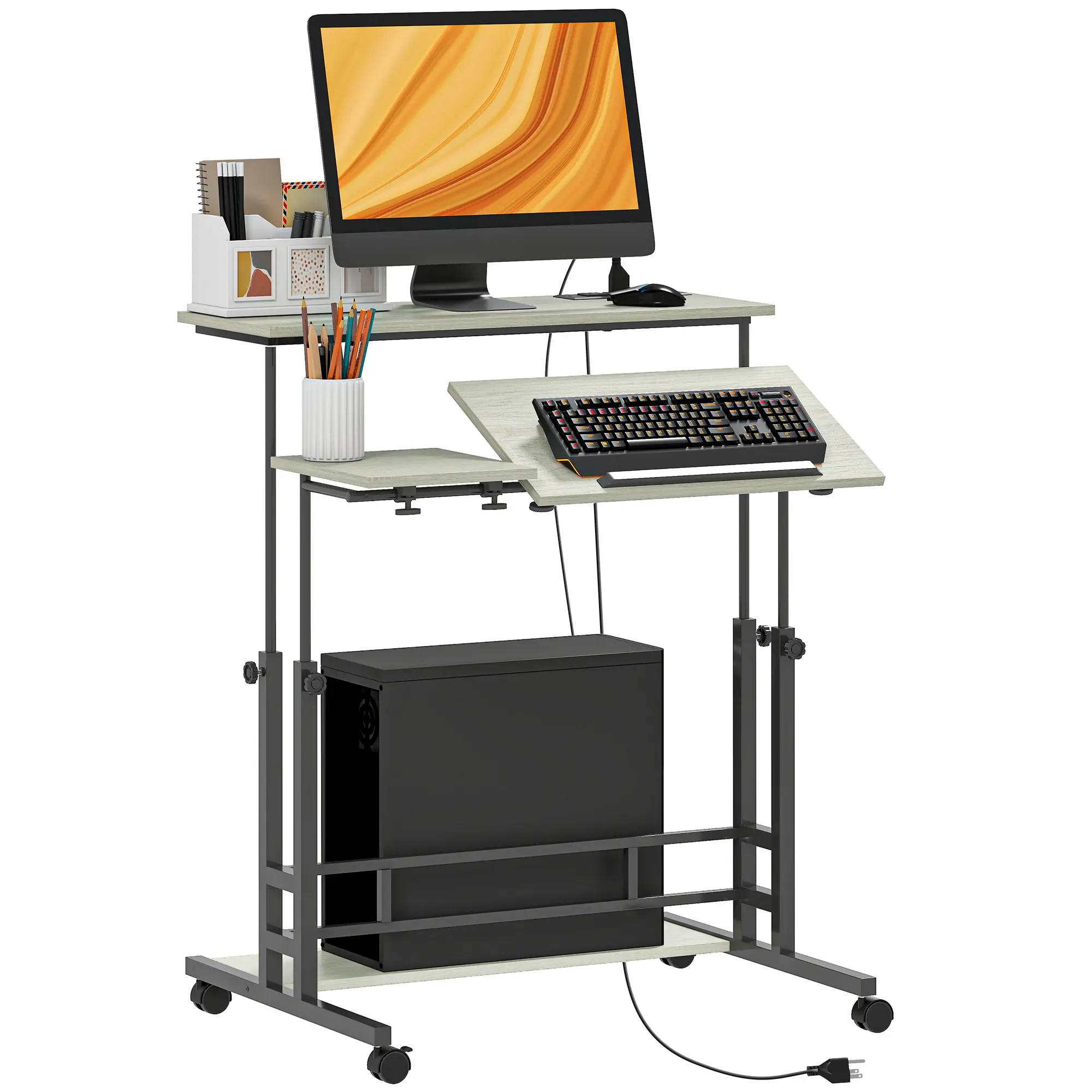 HOMCOM Height Adjustable Standing Desk with Power Outlets, Stand Up Desk with Tiltable Tabletop, Lockable Wheels, Bottom Shelf, Rolling Workstation for Home Office