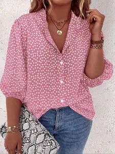 【Plus Size】Ditsy Floral Print Button Front Shirt Blouse, Casual Bishop Sleeve Top for Daily Wear, Women's Plus Clothing for All Seasons