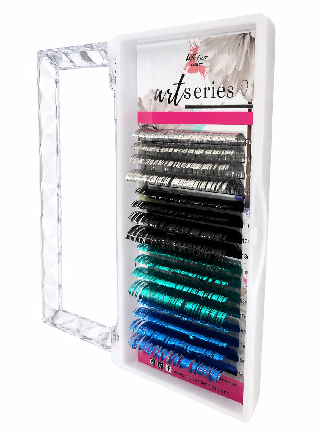 Holographic Tinsel Silver, Black, Blue Lash Extensions Tray for Lash Artists | 0.03 CC Curl | 9–15mm Mixed Lengths | Professional Lash Supplies