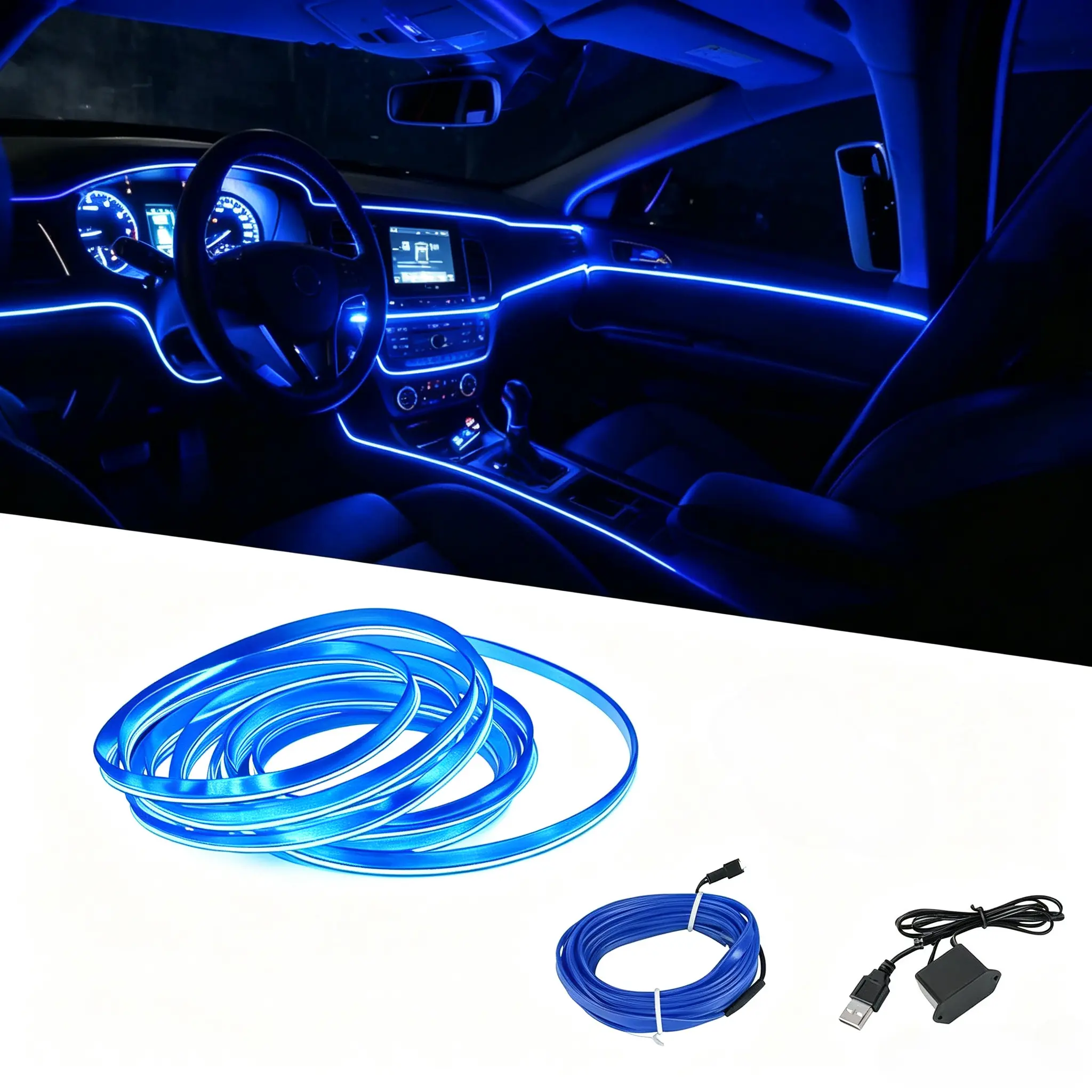 DIBMS EL Wire Interior Car LED Strip Lights, USB Neon Glowing Strobing Electroluminescent Wire Lights with 6mm Sewing Edge, Ambient Lighting Kits for Cars Garden Decorations, USB Powered Car Interior Fiber Light (5M/16.5FT, Red)