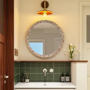23.62"x23.62" Vintage Rustic Round Wall Mirror, Durable Wooden Distressed Frame with Rivet Detail, Light Glass Decoration for Bathroom, Farmhouse Industrial Decor