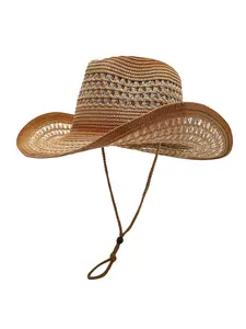 Western Cowboy Hollow Out Straw Hat, Ethnic Style Wide Brim Outdoor Travel Hat, Breathable Sun Hat for Garden Farm, UV Protection