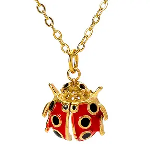 Waterproof Stainless Steel Cute Enamel Ladybug Lucky Charm Necklace Pendant Choker Jewelry For Women Daily Wear