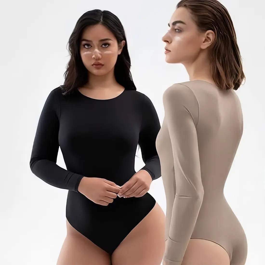 Women Buttery Soft Long Sleeve Crew Neck Bodysuit Seamless Tight Sculpting Tummy Control High Cut Shapewear Basic Daily Outfit