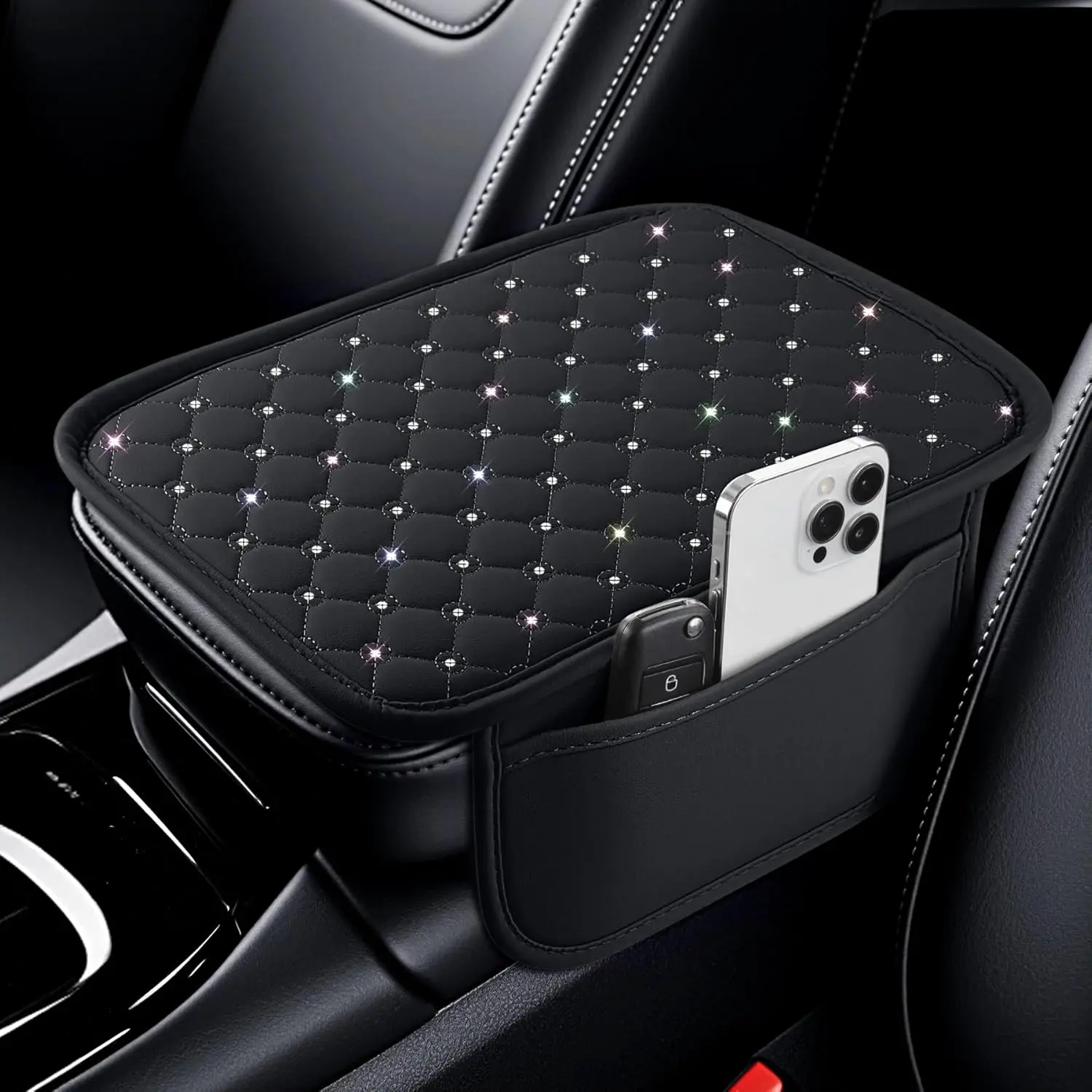 Women's Bling Car Center Console Armrest Cover - Middle Console Storage Box Protector, Automotive Interior Accessories, Armrest Gift Sets (Black)