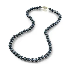 The Pearl Source 5.0-5.5mm Black Akoya Japanese Pearl Necklace for Women - 14k Gold Pearl Strand Necklace | 18in Long Pearl Necklace with Genuine Cultured Pearls