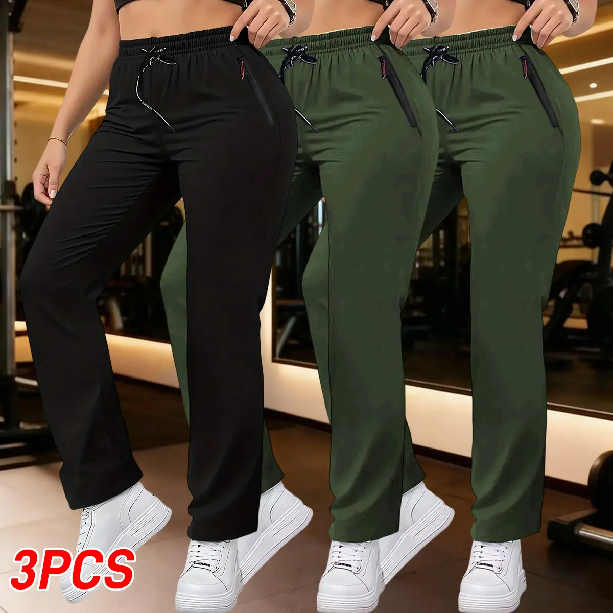 3-pack women’s casual straight-leg pants made of polyester—soft, stretchy, breathable, quick-drying, moisture-wicking fabric.Elastic drawstring waist, fade-resistant zippered pocket at the pant hem—ideal for summer sports and casual everyday wear.