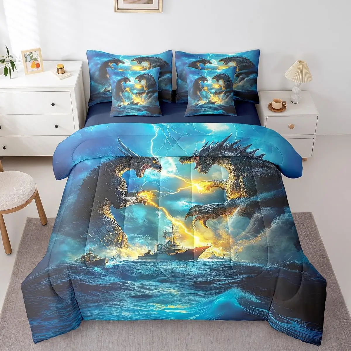 7Pcs Dragon Bedding Bed in a Bag,Fierce Animal Bedroom Comforter with Sheets 3D Animal Printed Monster Theme Comforter Set with 2 Pillowcases & 2 Throw Pillow Covers