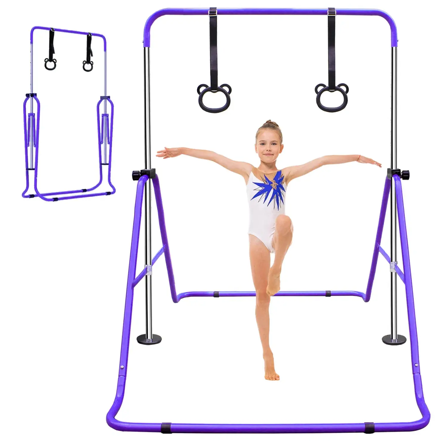 Purple Height-Adjustable Multi-Purpose Gymnastics Horizontal Bar with Training Rings