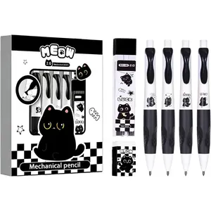 Black Cute  2.0MM Mechanical Penci with Comfort  Grip,4PCS  Mechanical Pencils with Lead Refills,Sharpener,Eraser,Office School Supplies for Writing Drawing