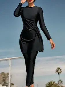 Women's Solid Long Sleeve Top & Skinny Pants Islamic Swimwear Set, Modest Casual Swim Top & Leggings, Ladies Swimsuit for Beach Holiday Vacation