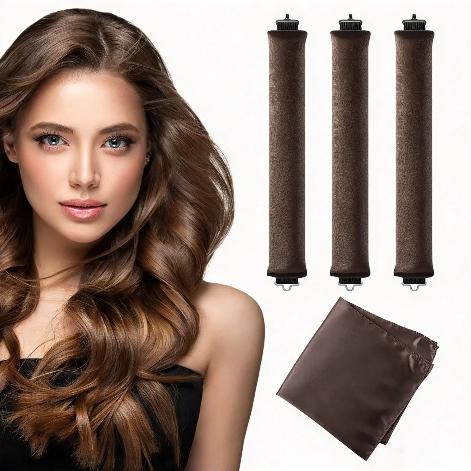 Heatless Curls Overnight with Satin Head Scarf-3 Pcs, Velvet Hair Rollers for Blowout Look, No Heat Curling Rod for Long Thick Hair, Soft Sleep In Flexi Rods