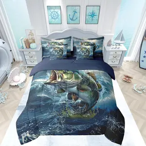 Pike Fish Comforter Set with Sheets 7 Piece Bass Big Fish Bedding Set Ocean Fishing and Hunting Bed in a Bag