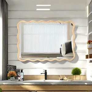 40"x28" Solid Wood Wavy Rectangle Wall Mirror, Natural Wood Frame, Modern Farmhouse Decorative Mirror for Bathroom, Bedroom, Living Room, Dining Room, Entryway